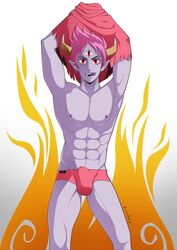 1boy 3_eyes 666 abs ball_bulge biceps cum_in_underwear demon fire_background horns humanoid lavender_skin lean_muscle licking_lips looking_at_viewer male male_nipples male_only multi_eye muscles muscular_male penis_bulge pierced_ears pink_hair pink_underwear pointy_ears purple_tongue red_eyes sharp_teeth shirt_behind_head smooth_skinned_male solo star_vs_the_forces_of_evil swimsuit taking_clothes_off tom_lucitor tongue_out triceps twokas underwear undressing undressing_self