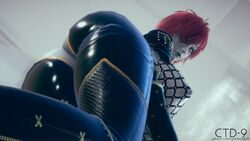 1girls android ass breasts cleavage cosplay cybertechdolls female female_only fishnet_suit glowing_eyes grey_skin large_breasts lilith_(cybertechdolls) looking_at_viewer ninja red_hair thick_thighs yellow_eyes