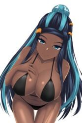 1girls alternate_breast_size big_breasts bikini blue_eyes blue_hair breasts dark-skinned_female dark_skin eye_contact female human large_breasts looking_at_viewer nessa_(pokemon) nintendo pokemon pokemon_ss smile solo thighs two_tone_hair vik_(xypt7474) white_background