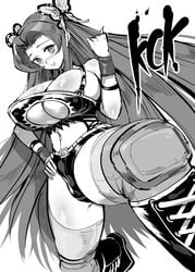 alternate_costume big_breasts booty_shorts butterfly_hair_ornament chiroru cleavage demon_slayer female female_only kimetsu_no_yaiba kochou_kanae long_hair looking_at_viewer monochrome short_shorts solo thick_thighs thighhighs underboob very_long_hair wristband