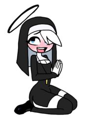 1boy anthro blush clothed clothing cross femboy girly halo humanoid kneehighs kneeling leggings legwear male male_focus male_nun male_only malesub mostly_clothed nervous nun nun_outfit radsicle solo thighhighs trap white_hair wide_hips