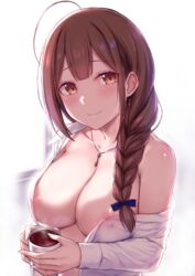 1girls areola_slip blush braid breasts brown_eyes brown_hair cai_geng coffee coffee_mug earrings female idolmaster idolmaster_shiny_colors kuwayama_chiyuki large_breasts morning necklace smile