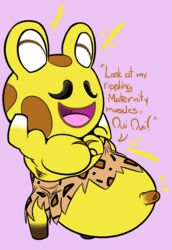 1boy 2020 animal_crossing belly bellybutton big big_belly buff cousteau_(animal_crossing) english english_text french frog gravid male male_pregnancy may mpreg nintendo outie pecs pregnant_male tummy