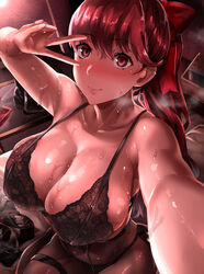 1girls 2021 alternate_breast_size alternate_version_available armpits arms_up atlus bangs bed black_bra blush blushing_at_viewer bra breasts cleavage dark_room drums_(flavius_dramus) eyebrows_visible_through_hair female female_focus female_only huge_breasts kasumi_yoshizawa kneeling kneeling_on_bed light-skinned_female light_skin lingerie long_hair looking_at_viewer nervous nervous_smile pantyhose persona persona_5 persona_5_royal ponytail posing red_eyes red_hair red_ribbon ribbon ribbon_in_hair school_uniform schoolgirl sega selfie sheer_legwear shiny_skin simple_background steam steaming_body sumire_yoshizawa sweat sweaty_body sweaty_breasts swept_bangs thick_thighs thighs underwear undressed v v_over_eye visible_breath