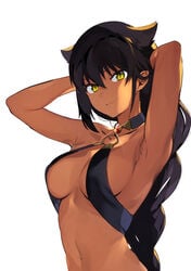 arms_behind_head bare_midriff black_hair braid dark-skinned_female dark_skin jahy jahy_sama_wa_kujikenai! konbu_wakame medium_breasts navel skimpy_clothes smile tan yellow_eyes