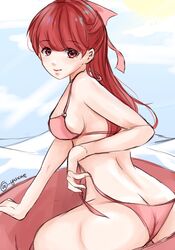 1girls atlus bikini bikini_bottom bikini_top boat bow kasumi_yoshizawa long_hair looking_at_viewer looking_back persona persona_5 persona_5_royal red_eyes red_hair sumire_yoshizawa tagme undressing yuxine