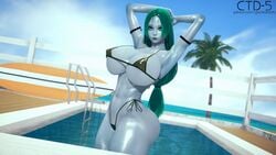 androind aqua_hair bikini blue_eyes blue_skin bracelet breasts cybertechdolls eve_(cybertechdolls) female female_only glowing_eyes golden_bikini large_breasts long_hair pool solo