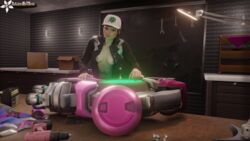 1girls 3d basement blizzard_entertainment d.va exposed_breasts hat itsvanillatime meka no_bra open_jacket overwatch repair short_hair small_breasts smile