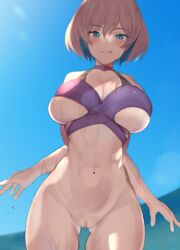 :q bare_shoulders bikini blue_eyes blue_sky blush bottomless breasts brown_hair cleavage day dot_nose eyebrows_visible_through_hair eyelashes female from_above gatchan gridman_universe hair_between_eyes highres large_breasts licking_lips looking_at_viewer mujina naughty_face navel ocean pulling purple_bikini pussy short_hair sky solo ssss.dynazenon standing stomach swimsuit tongue tongue_out uncensored underboob water wet