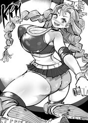 alternate_costume ass big_ass big_breasts braided_hair chiroru demon_slayer female female_only huge_breasts kanroji_mitsuri kimetsu_no_yaiba kneehighs long_hair microskirt miniskirt monochrome on_knees panties solo sports_bra thick_thighs