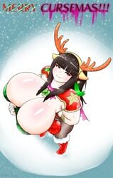 1girls alternate_breast_size alternate_costume bangs biceps big_breasts bimbo boots breasts busty christmas christmas_outfit cleavage curvy dark_hair fake_antlers female fire_emblem fire_emblem_awakening fire_emblem_fates fire_emblem_heroes full_cleavage gigantic_breasts happy_holidays holidays huge_breasts hyper hyper_breasts intelligent_systems large_breasts looking_up makeup merry_christmas nintendo nipple_bulge postcard red_boots rhajat_(fire_emblem) sanka-tetsu santa_boots shiny_breasts shiny_hair shoulder_pads sidelocks smirk snowing solo teasing text tharja_(fire_emblem)_(cosplay)