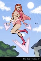 1girls areolae atom_eve blue_sky breasts cape dissolving_clothes female female_only flying green_eyes image_comics invincible long_hair nipples red_hair samantha_eve_wilkins smile solo sunlight superheroine the_grovekeeper undressing