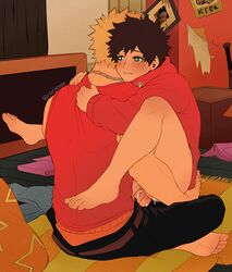 2boys anal barefoot black_hair black_pants blonde_hair blue_eyes blush bottomless clothed_sex commentary cum green_eyes heart heart-shaped_pupils highres holding_another hood hood_down hoodie izuku_midoriya jewelry katsuki_bakugou leg_lock male_focus multiple_boys my_hero_academia necklace pants penis red_hoodie red_shirt rinriemie sex shirt sitting spiky_hair straddling symbol-shaped_pupils twitter_username yaoi