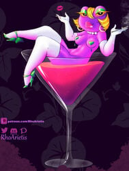 1girls 2020 animal_crossing anthro beauty_mark big_lips bimbo blonde_hair elbow eyeshadow gigi_(animal_crossing) gloves green_eyeshadow high_heels hoop_earrings kiss_mark lips lipstick looking_at_viewer makeup martini_glass nintendo pasties pearls purple_skin rhoarietis thigh_highs