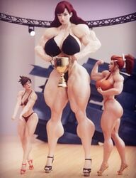 3d 3girls big_breasts bikini blizzard_entertainment brigitte d.va dashie116 female_only flexing high_heels huge_breasts hyper_muscles muscular muscular_female overwatch platform_heels stage swimsuit tracer trophy