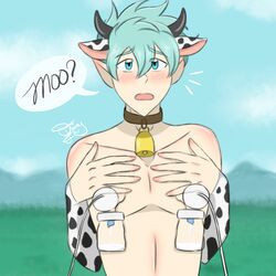 blue_eyes blue_hair blush blushing_at_viewer boy_cow castle_swimmer cow_boy male male_lactation male_only milking milking_machine moo qiang_zhu siren_(castle_swimmer) text text_bubble webtoon