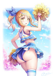 1boy :o ass bangs bare_arms blonde_hair blue_skirt border cheerleader cherry_blossoms cloud crop_top day eyebrows_visible_through_hair femboy from_behind hair_ornament hair_ribbon hand_on_hip highres holding holding_pom_poms looking_at_viewer looking_back male male_focus male_only medium_hair natsusora_wakana nobady original outdoors pom_pom_(cheerleading) ribbon sidelocks signature skirt solo standing star_(symbol) star_hair_ornament thighhighs thighs trap white_legwear yellow_eyes