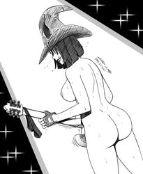 1girls ass beauty_mark black_and_white black_hair bob_cut female gloves guilty_gear guitar hat holding holding_guitar holding_object i-no lipstick naked nipples no_color nude short_hair sideboob solo sweat walkingdeadmann