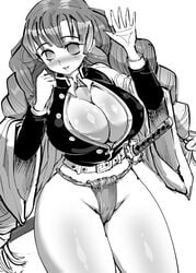 bare_thighs big_breasts blank_eyes braided_hair chiroru cleavage demon_slayer empty_eyes female female_only fundoshi greyscale kanroji_mitsuri kimetsu_no_yaiba loincloth looking_at_viewer monochrome no_pants open_shirt skimpy slutty_demonslayer_uniform solo thick_thighs thong unbuttoned_shirt waving wide_hips