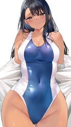 1girls 2021 armpit_crease ass_visible_through_thighs bangs bare_legs belly_button black_hair blue_swimsuit blush blushing_at_viewer breasts brown_eyes cleavage competition_swimsuit cute_fang female female_focus female_only hair_ornament hairclip hayase_nagatoro highleg_swimsuit hips long_hair looking_at_viewer marushin_(denwa0214) medium_breasts one-piece_swimsuit please_don't_bully_me,_nagatoro simple_background slim_waist smile smiling_at_viewer solo sweat sweatdrop swimsuit tan tan-skinned_female tan_skin thick_thighs thigh_gap thighs tight_clothing tight_fit tight_swimsuit undressing white_background wide_hips