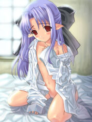 bed blush hair_ribbon kagetsu_tohya kneeling len len_(tsukihime) long_hair melty_blood no_bra no_panties open_clothes open_shirt pointy_ears ren ribbon shirt solo succubus tsukihime type-moon