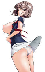 1girls aoki_yuriko ass bakuman breasts brown_eyes brown_hair female fukudahda huge_breasts kensoh_ogawa kensou_ogawa legs looking_back mole nipples open_clothes open_shirt panties pantyshot parted_lips pleated_skirt shirt short_hair sideboob simple_background skirt solo underwear white_background white_panties wind_lift