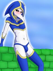 beak blue_clothes blue_sky blush bulge femboy lunatic_cultist smile solo_male terraria white_skin