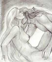 artist_name artist_request bill_weasley breasts closed_eyes ears fleur_delacour freckles hand_on_thigh harry_potter harry_potter_and_the_deathly_hallows holding_object kissing kissing_neck long_hair long_hair_male medium_breasts monochrome nipples nude nude_female nude_male open_mouth ring rough_sketch sitting sketch tagme wedding wedding_night wedding_ring