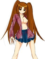 breasts brown_hair cleavage clothed clothing female female_only front_view human kagetsu_tohya long_fingers long_hair melty_blood open_shirt partially_clothed skirt solo standing tagme tsukihime twintails type-moon yumizuka_satsuki