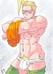 1boy abs bara biceps blonde blonde_hair blue_eyes blush blushing bulge charlie_nash dongsaeng glasses green_pants human human_only light-skinned_male light_skin male male_focus male_only muscle muscles muscular muscular_male one_eye_closed orange_shirt pants_down pubic_hair simple_background street_fighter topless underwear undressing white_background white_underwear yaoi