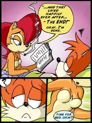 anthro archie_comics bed breasts brown_fur canine chadthecartoonnut chipmunk comic duo featureless_breasts female fox fur male mammal mobian_(species) rodent sally_acorn sega sonic_(series) sonic_satam sonic_the_hedgehog_(archie) sonic_the_hedgehog_(comics) sonic_the_hedgehog_(series) tails