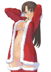 arms_up bell belly bottomless breasts brown_eyes brown_hair censored christmas clothing convenient_censoring glasses highres hoshina_tomoko large_breasts long_hair mouth_hold navel no_bra no_panties open_clothes santa_costume stockings thighhighs to_heart to_heart_(series) tomoko_hoshina tsuina