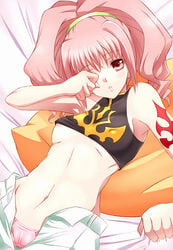 1girls anya_alstreim arm_support armpits code_geass female flat_chest kannagi_kaname lying navel nipple_slip nipples on_back panties pillow pink_eyes pink_hair solo tattoo underwear unzipped