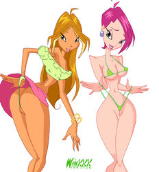 2girls 4kids_entertainment ass barely_contained between_labia big_ass big_breasts bikini bracelet dk earrings female female_only flora_(winx_club) human innie_pussy looking_at_viewer multiple_girls nickelodeon pulling_panties rainbow_(animation_studio) riffsandskulls string_bikini tecna thin_waist thong wedgie white_background winx_club