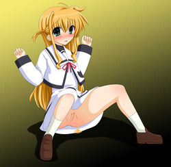 arisa_bannings blonde blonde_female blonde_hair blush blushing blushing_at_viewer blushing_profusely bottomwear dress female female_focus female_only hairless_pussy legwear long_hair looking_at_viewer lyrical_nanoha mahou_shoujo_lyrical_nanoha no_panties nopan peeing pussy shoes sitting sitting_pee socks solo solo_female solo_focus spread_legs topwear urinating urinating_female urination urine urine_pool urine_stream vulva