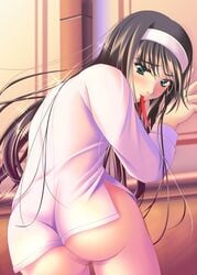 akiha_tohno ass blush bottomless brown_hair censored dress_shirt green_eyes hairband long_hair melty_blood mouth_hold no_panties ribbon shirt solo tohno_akiha toono_akiha tsukihime type-moon