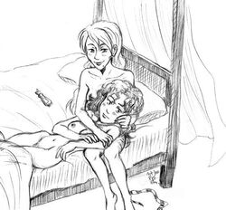 2girls bed blush blushing breasts female female_only ginny_weasley gryffindor gryffindor_tie harry_potter hermione_granger in_lap monochrome naked nipples pubic_hair shy tagme witch_(harry_potter) yuri