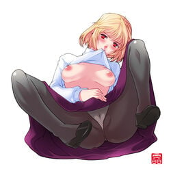 arcueid_brunestud blonde_hair breasts crotch fat_mons female female_only melty_blood mouth_hold nipples panties panties_under_pantyhose pantyhose red_eyes shirt_lift solo sonobe_kazuaki spread_legs tsukihime type-moon underwear vampire