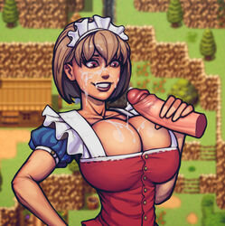 alice_(warlock_and_boobs) big_breasts boobsgames brown_hair brown_skin clothed_female cum_on_face handjob red_eyes unseen_male_face warlock_and_boobs