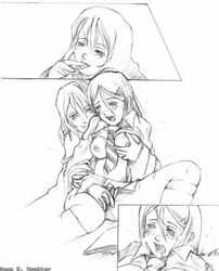 2girls breasts female female_only ginny_weasley grabbing_breasts gryffindor gryffindor_tie harry_potter hermione_granger monochrome nipples pussy squeezing_breast tagme touching_pussy witch_(harry_potter) yuri