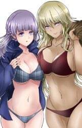 2girls alternate_costume asymmetrical_docking bare_shoulders bikini blonde_hair blue_bikini blue_swimsuit breast_squeeze cleavage collarbone dark-skinned_female dark_skin female_only fire_emblem fire_emblem:_the_binding_blade huge_breasts igrene_(fire_emblem) jacket large_breasts looking_at_viewer multiple_girls nintendo open_mouth purple_eyes purple_hair red_bikini red_swimsuit sideboob smile sophia_(fire_emblem) swimsuit toshimasa underboob wide_hips yuri