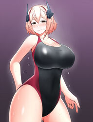 1girls azur_lane bare_shoulders barely_contained big_breasts black_swimsuit blonde_hair breasts brown_eyes bulging_breasts bursting_breasts competition_swimsuit dripping_wet eyebrows eyebrows_visible_through_hair eyelashes female female_only hand_on_ass highleg_swimsuit hips horns hourglass_figure huge_breasts human human_only humanoid large_breasts legio_y_spqr looking_at_viewer multicolored_hair multicolored_swimsuit one-piece_swimsuit plump red_hair red_swimsuit roon_(azur_lane) sexually_suggestive shiny_clothes shiny_skin skimpy skimpy_clothes slight_blush smug solo solo_female standing sweatdrop sweaty swimsuit thick thick_thighs thighs tight_fit tight_swimsuit top_heavy voluptuous wet wide_hips