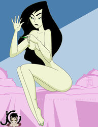 1girls artjimx bed bedsheets black_hair breasts disney disney_channel female green_eyes holding holding_object kim_possible lipstick long_black_hair medium_hair nail_polish naked nipples nude on_bed pillow shego sitting sitting_on_bed solo white_skin