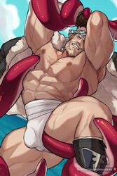 1boy abs bara bare_pectorals beard bound bound_arms bound_legs bulge daydreamerjim facial_hair fundoshi granblue_fantasy headband jacket jacket_on_shoulders japanese_clothes large_pectorals male male_focus male_only mature_male moustache muscular muscular_male navel nipples old old_man pectorals scar scar_on_chest short_hair solo soriz spread_legs stomach tentacle tentacles_on_male tentacles_under_clothes thick_thighs thighs white_male_underwear