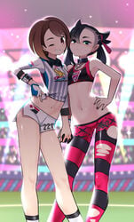 2girls ;) absurdres aqua_eyes asymmetrical_hair black_hair black_nails blush brown_eyes brown_hair choker clothing earrings female female_only full_body gloria_(pokemon) green_eyes gym_clothes hand_holding hand_on_hip highres human leggings legs long_legs looking_at_viewer marnie_(pokemon) midriff multiple_girls nail_polish navel nintendo one_eye_closed open_mouth pale_skin pokemon pokemon_ss public shirt short_hair short_shorts shorts single_glove smile sports_bra sportswear stadium striped striped_legwear sweatdrop tied_shirt tight_pants tm_(hanamakisan) torn_clothes torn_legwear twintails wink