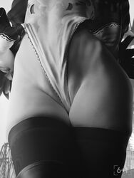 1girls 3d athletic_female black_and_white close-up clothing female female_only from_below front_view hi_res leotard leotard_pull light-skinned_female monochrome nier nier:_automata pinup sixplusone solo solo_female solo_focus square_enix standing yorha_2b