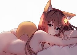 1girls annytf brown_eyes brown_hair cute fox_girl indie_virtual_youtuber kitsunemimi laying_down looking_at_viewer star star_hair_ornament tagme tagme_(artist) virtual_youtuber