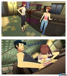 blowjob blue_eyes comic couch couch_sex exhibitionism fellatio female female_protagonist female_protagonist_(persona_3) junpei_iori kotone_shiomi minako_arisato mitsuru_kirijo ohnutt persona persona_3 persona_3_portable red_hair stealth_sex text yukari_takeba