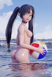 1girls 3d ass beach_ball black_hair blue_eyes bubble_butt dat_ass female genshin_impact holding holding_beachball holding_object lipstick long_hair mona_(genshin_impact) naked nipples nude ocean open_mouth sideboob solo somnus twintails water white_skin