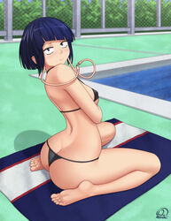 1girls arched_back ass ass_cleavage bare_shoulders barefoot bikini black_eyes black_swimsuit blunt_bangs blush bob_cut breasts butt_crack cable earlobes erect_nipples erect_nipples_under_clothes feet female female_only from_behind kneeling kyoka_jiro light-skinned_female light_skin looking_at_viewer looking_back micro_bikini my_hero_academia nipples partially_clothed petite pool poolside purple_eyes rocky-ace shadow short_hair small_breasts solo solo_female solo_focus swimsuit thick_thighs thighs thong thong_bikini towel water